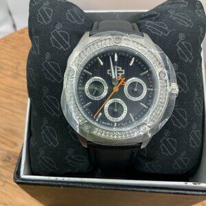 Harley Davidson Bulova Woman's Crystal Embellished Black Leather Band Watch